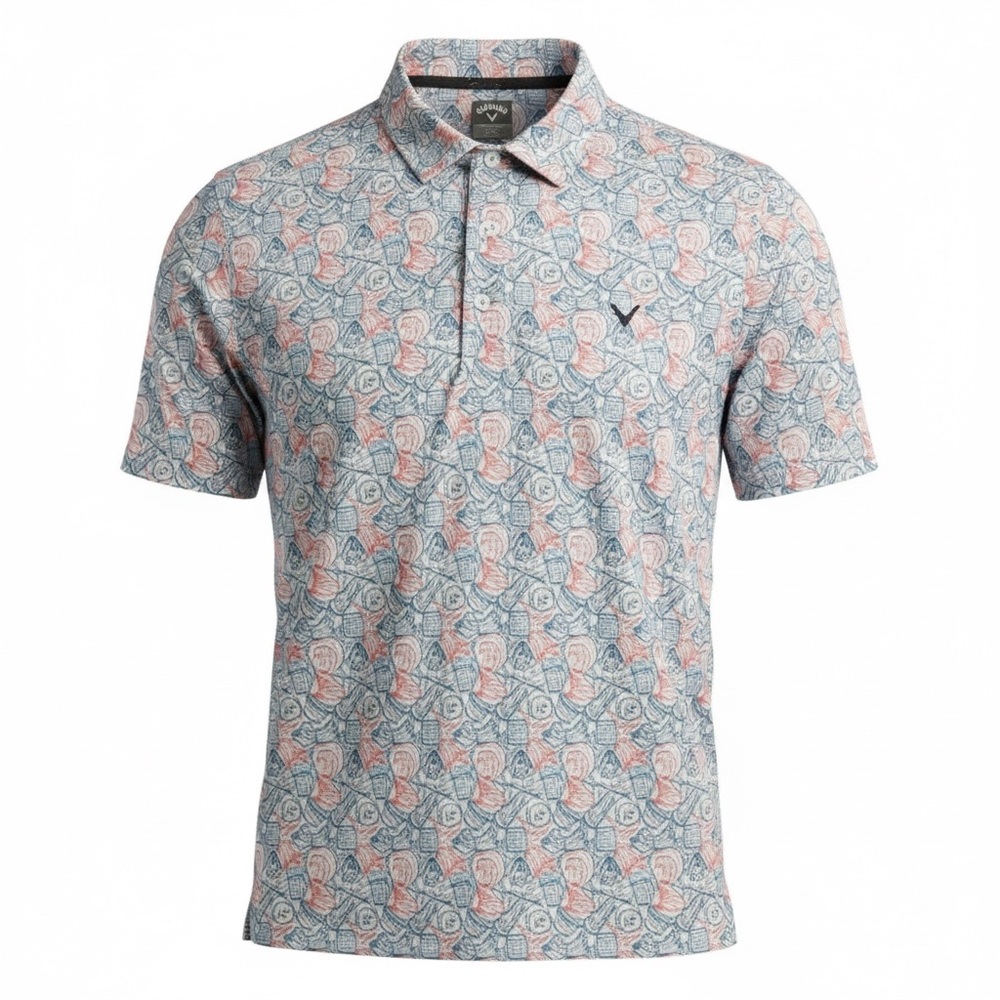 Callaway Golf Polo Shirt Opti-Dri XXL Strech Blue Coral Pink Beer Mug Pattern